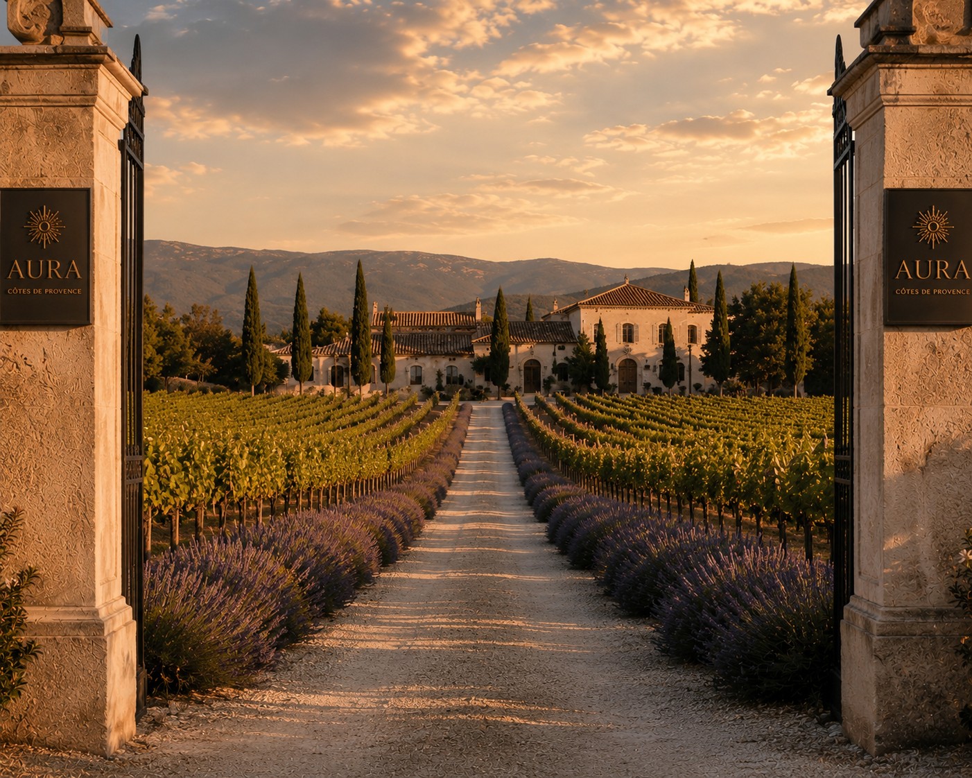 Allée de gravier bordée de lavande menant à la bastide provençale du domaine MAISON AURA au coucher du soleil