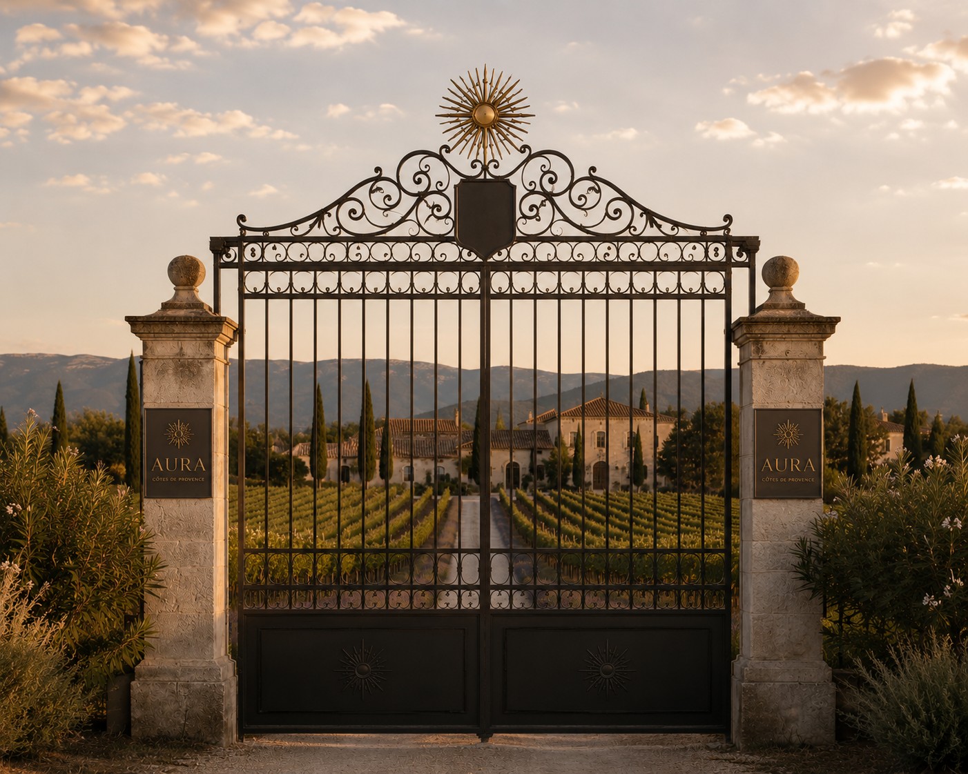 Portail en fer forgé du domaine MAISON AURA, blason au sunburst doré, vignes visibles à travers la grille au coucher du soleil