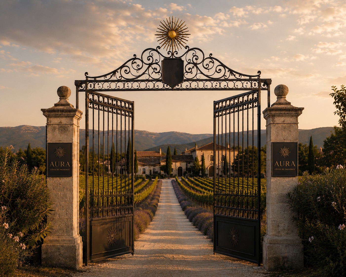 Portail du domaine MAISON AURA entrouvert, allée bordée de lavande s'ouvrant sur les vignes