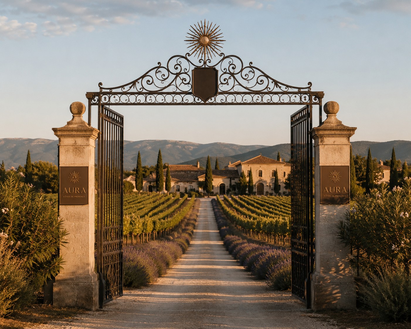Portail du domaine MAISON AURA grand ouvert, allée de lavande menant à la bastide provençale au milieu des vignes