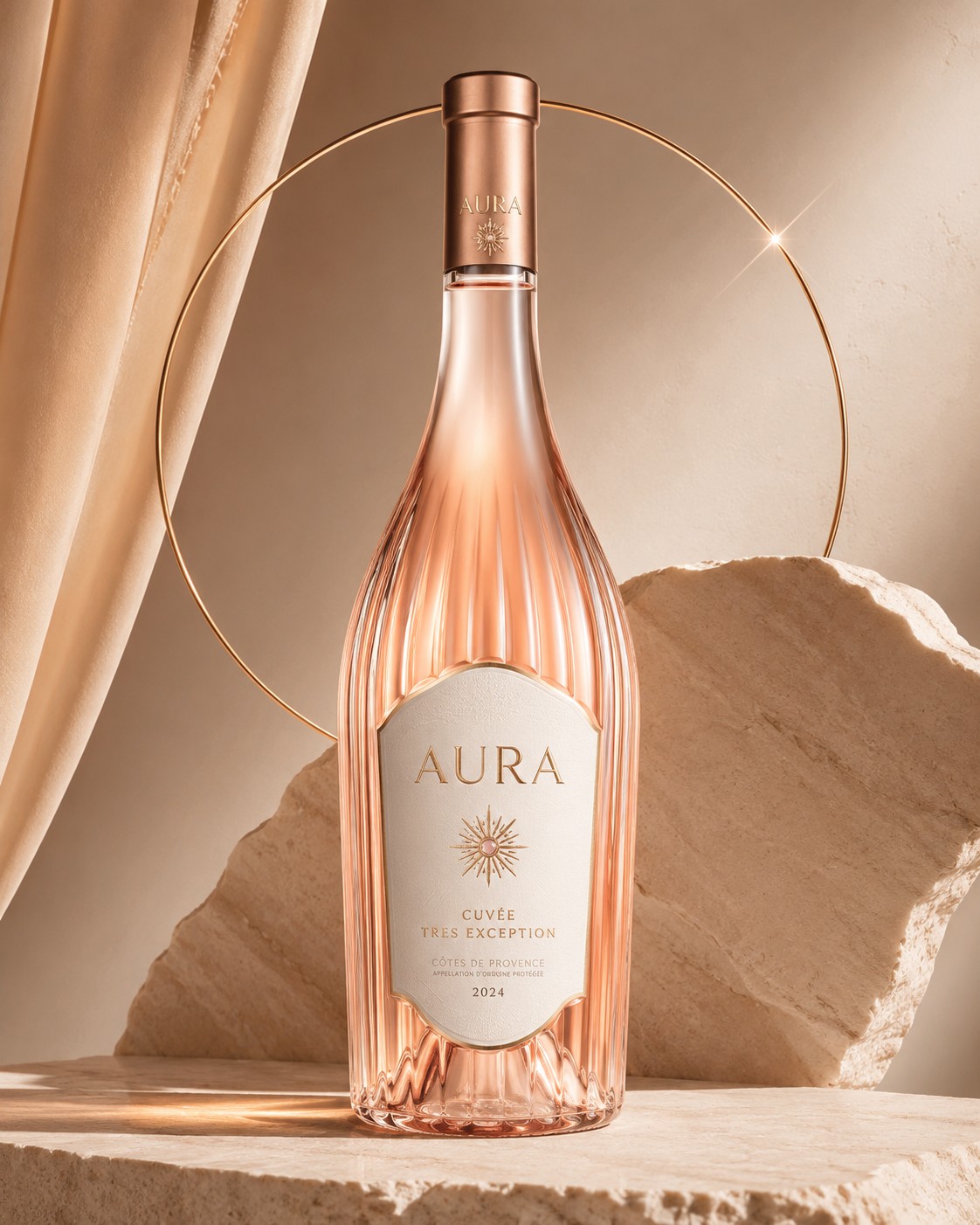 Flacon AURA TRÈS EXCEPTION rosé 2024, verrerie striée et capsule cuivrée, devant un anneau de laiton et un socle de pierre calcaire