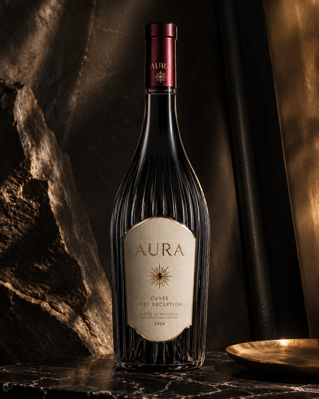 Flacon AURA TRÈS EXCEPTION rouge 2024, verrerie striée et capsule bordeaux, posé sur marbre noir veiné dans une lumière rasante dorée