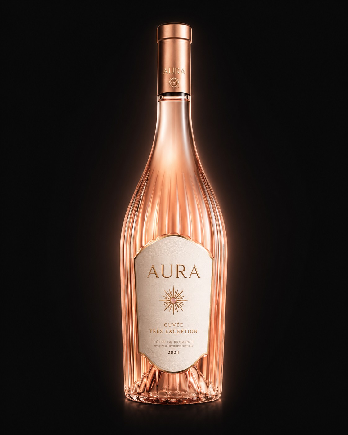 Flacon AURA TRÈS EXCEPTION sur fond noir, verrerie striée et capsule dorée, gravure du sunburst MAISON AURA