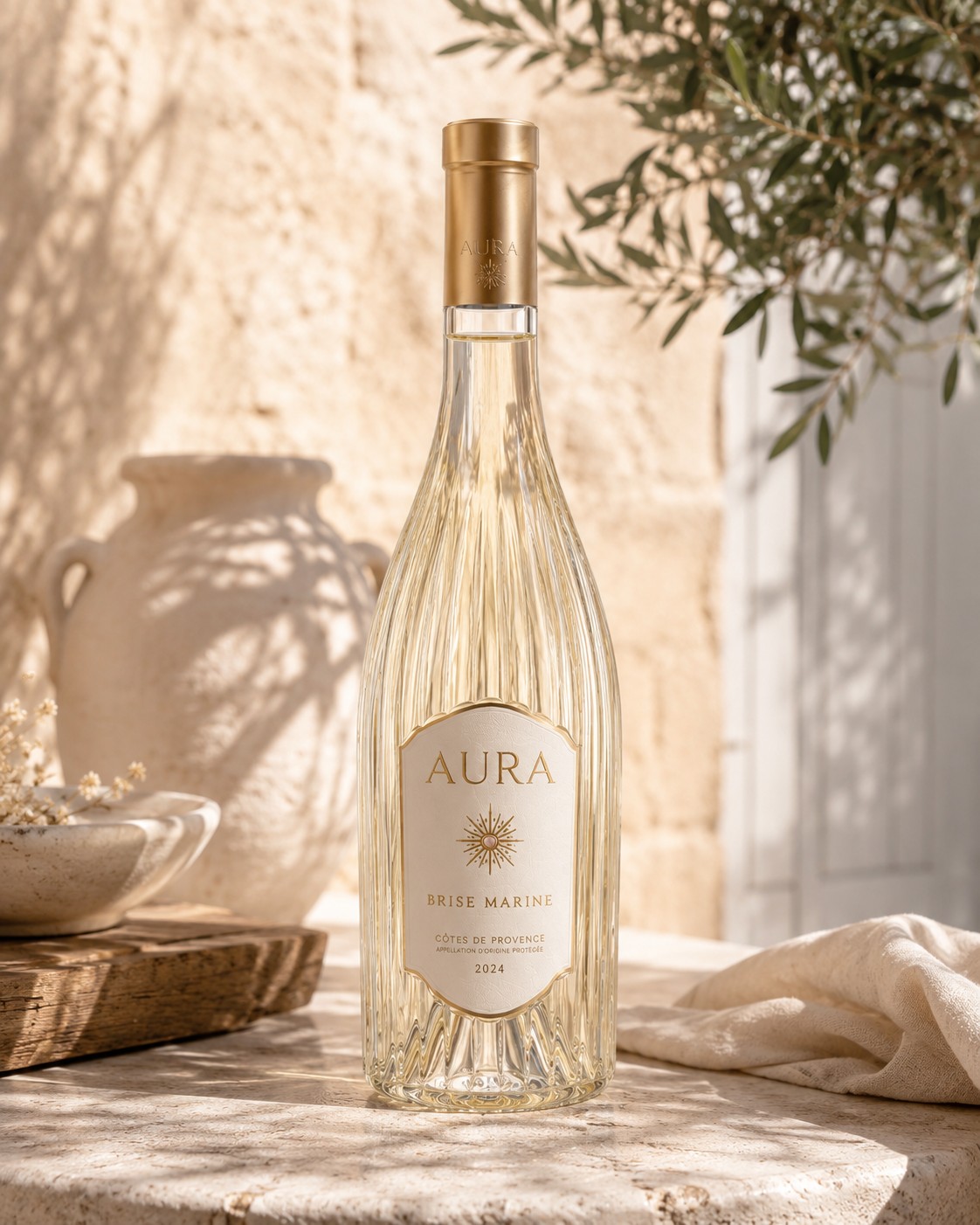Flacon AURA Brise Marine blanc 2024, verrerie striée et capsule dorée, sur une table provençale baignée de lumière