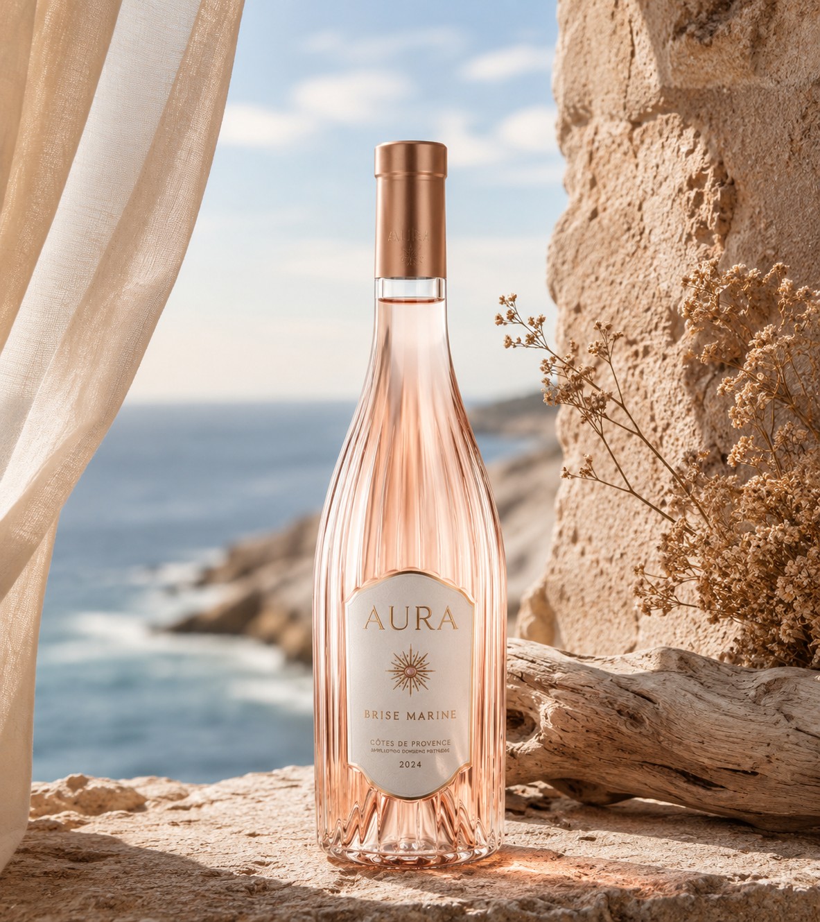 Flacon AURA Brise Marine rosé 2024, verrerie striée et capsule cuivrée, en bord de mer sur la Côte de Provence