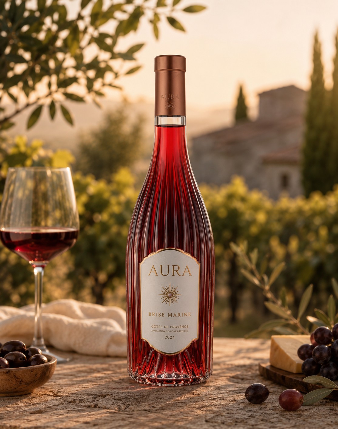 Flacon AURA Brise Marine rouge 2024, verrerie striée et capsule cuivrée, devant les vignes au coucher du soleil