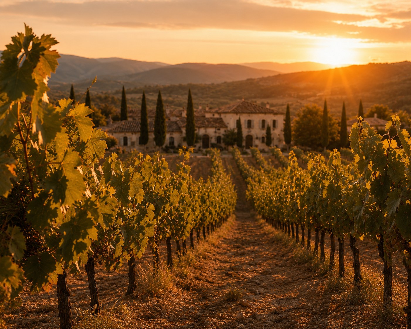 Vignes du domaine MAISON AURA au coucher du soleil, bastide provençale entourée de cyprès, collines de Provence à l'horizon