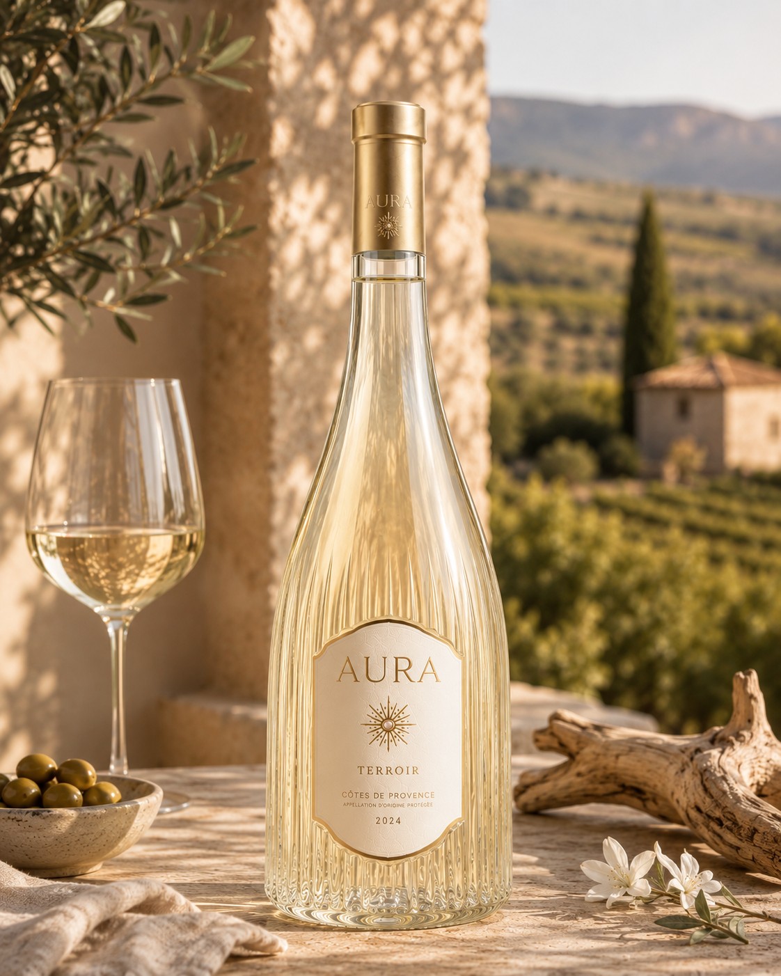 Flacon AURA Terroir blanc 2024, verrerie striée et capsule dorée, devant les vignes en terrasse au coucher du soleil