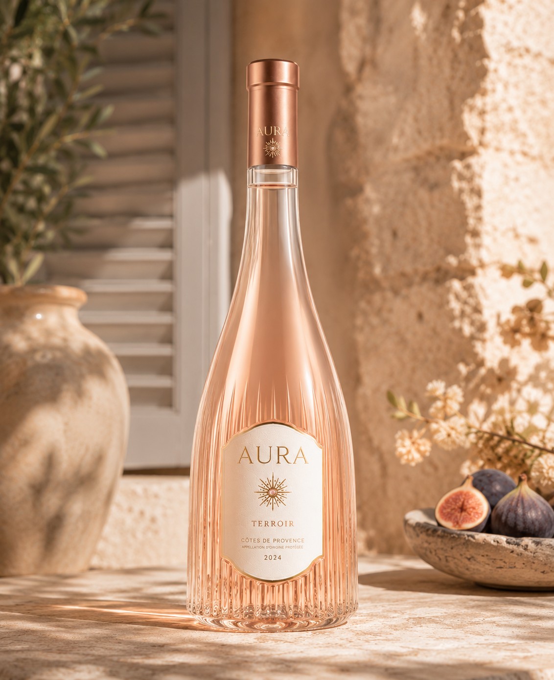 Flacon AURA Terroir rosé 2024, verrerie striée et capsule cuivrée, sur une terrasse provençale près d'une jarre en terre cuite