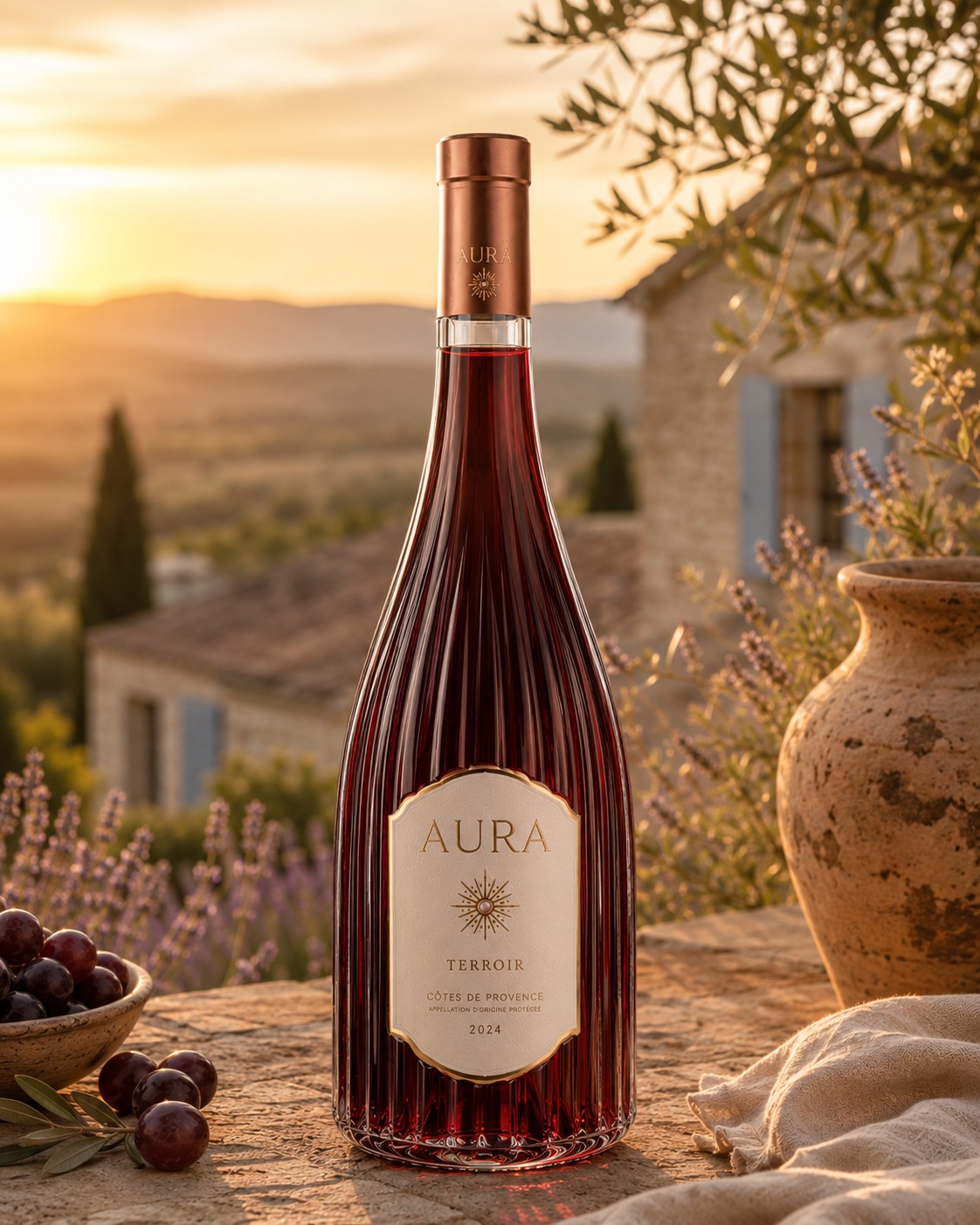Flacon AURA Terroir rouge 2024, verrerie striée et capsule cuivrée, devant la bastide et les champs de lavande au coucher du soleil