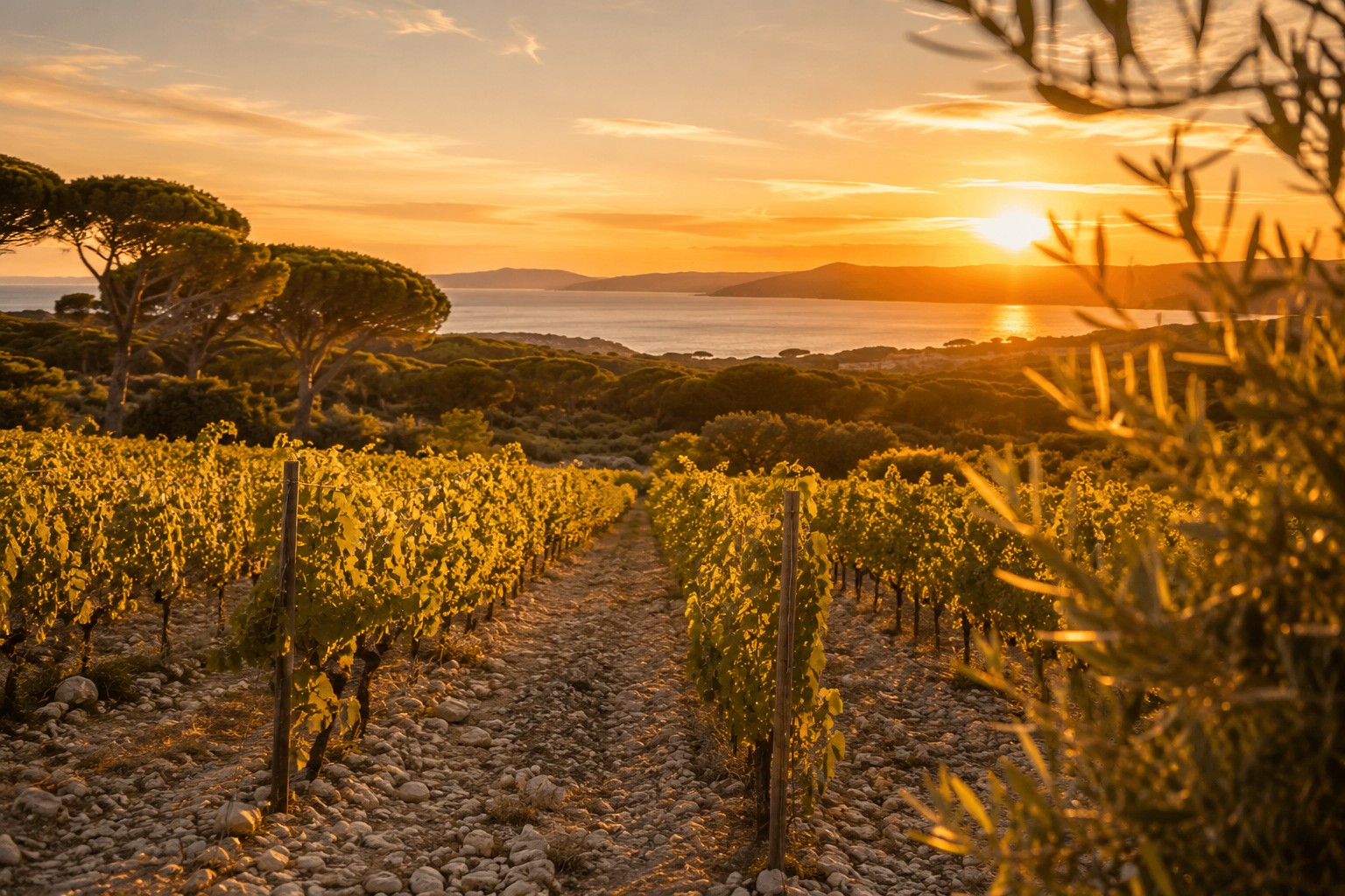 Vignes du domaine MAISON AURA surplombant la mer au coucher du soleil
