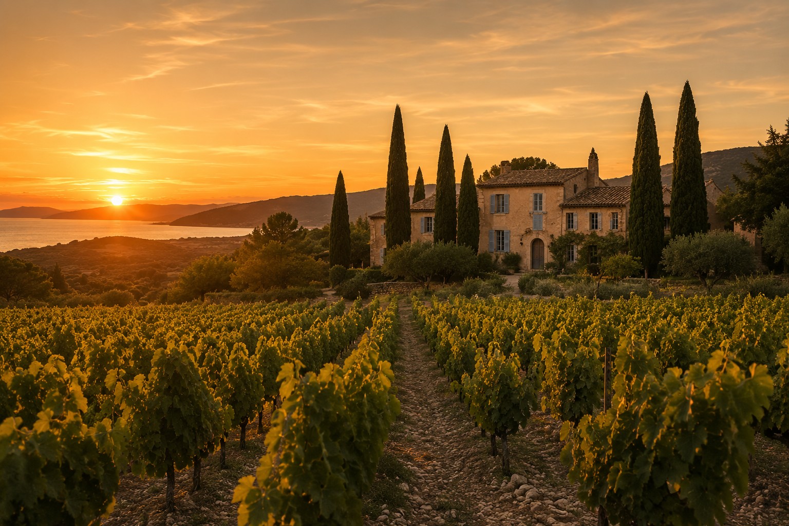 Rangs de vigne du domaine menant à la bastide provençale au coucher du soleil, mer en arrière-plan